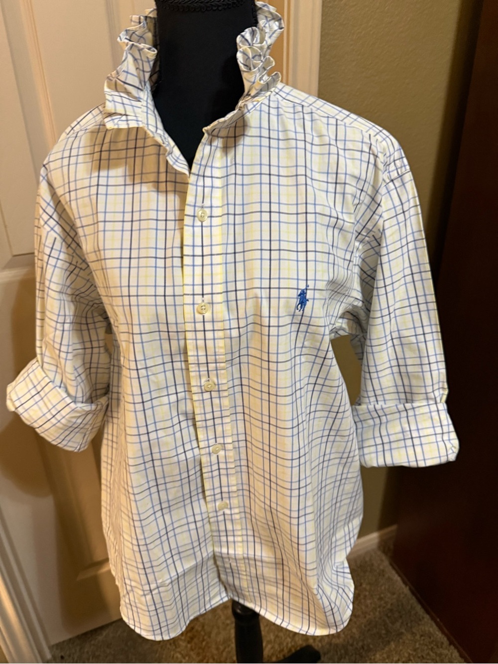 Upcycled Classic Ralph Lauren Blue and Yellow Plaid Button-Down Shirt L/XL - Picture 2 of 10
